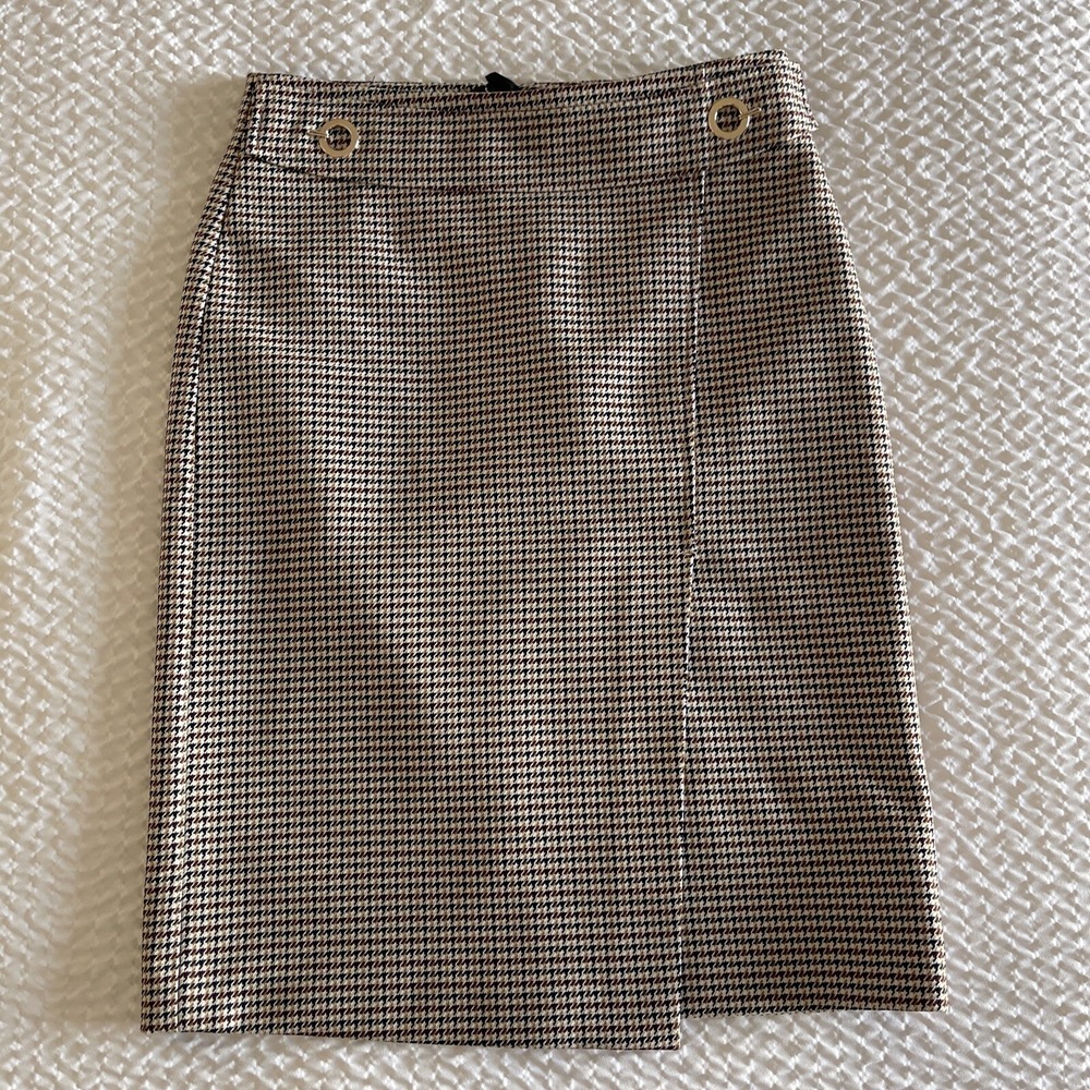 H&M Women Brown Houndstooth Front Pencil‎ Skirt Gold Hardware Size 4